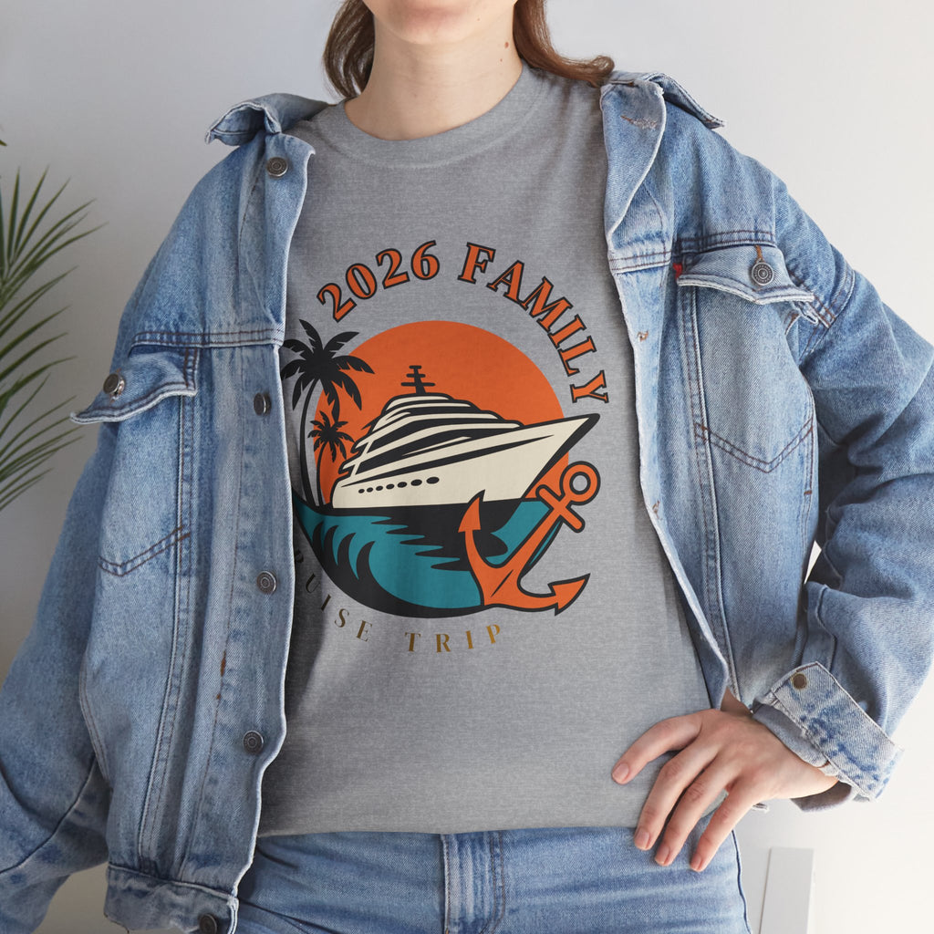 Cruise Trip 2026 Family T-Shirt | Retro Ship, Palm Trees & Anchor Tee
