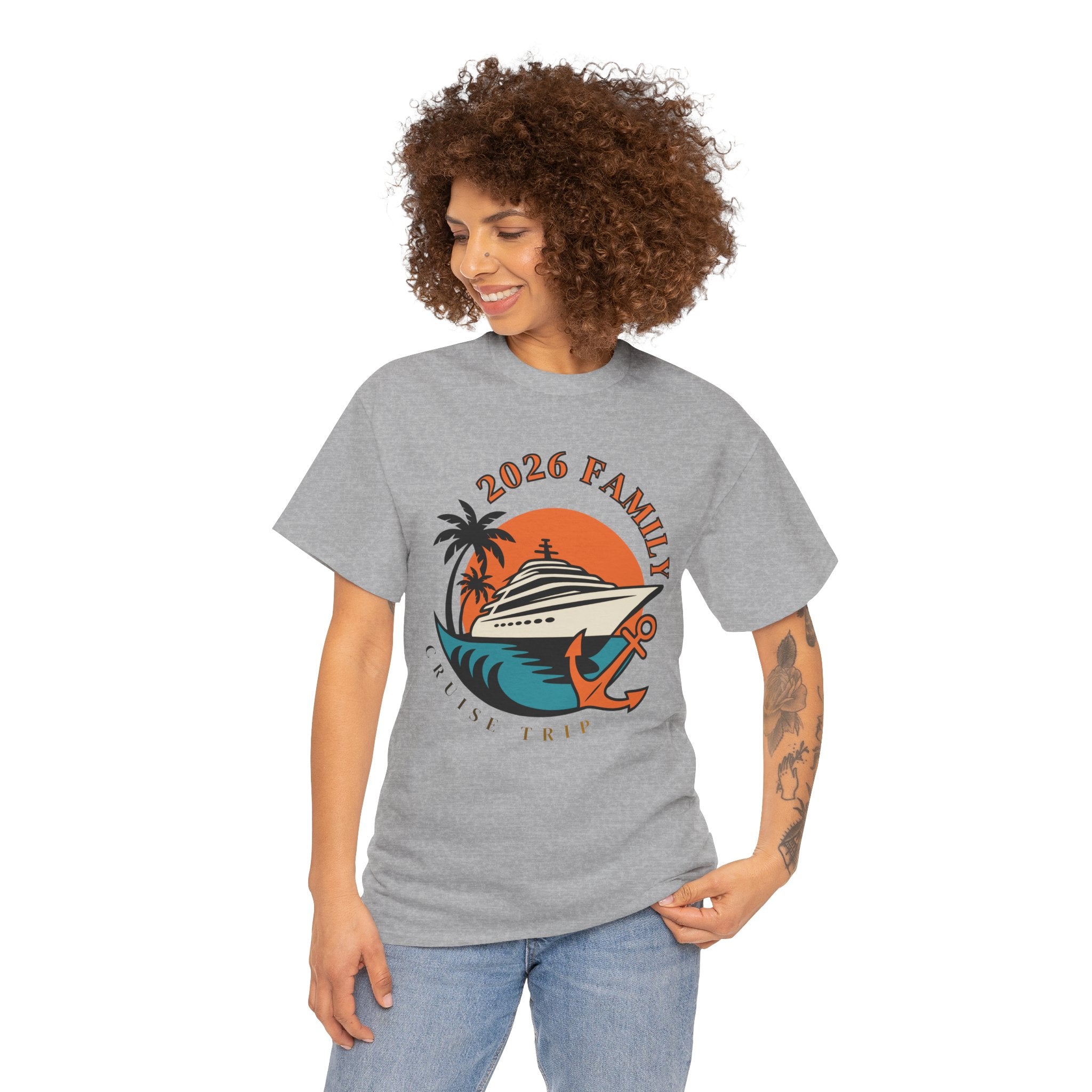 Cruise Trip 2026 Family T-Shirt | Retro Ship, Palm Trees & Anchor Tee